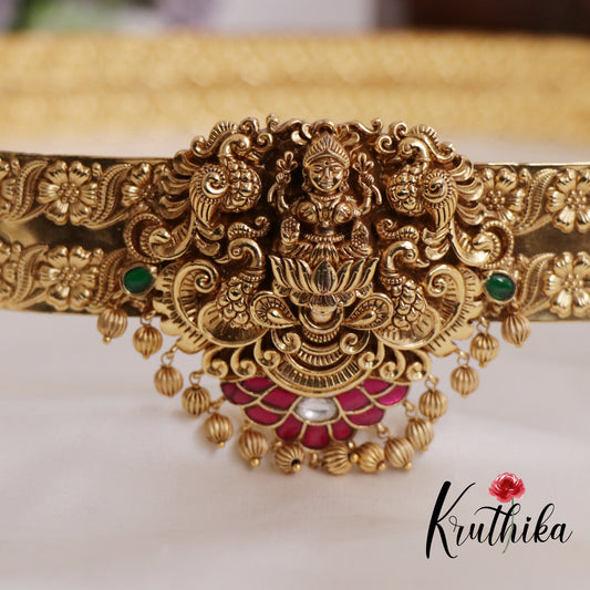 Premium Antique Light Weight Temple Lotus Lakshmi Vaddanam with Golden Beads V280 (Available in 2 Colors)