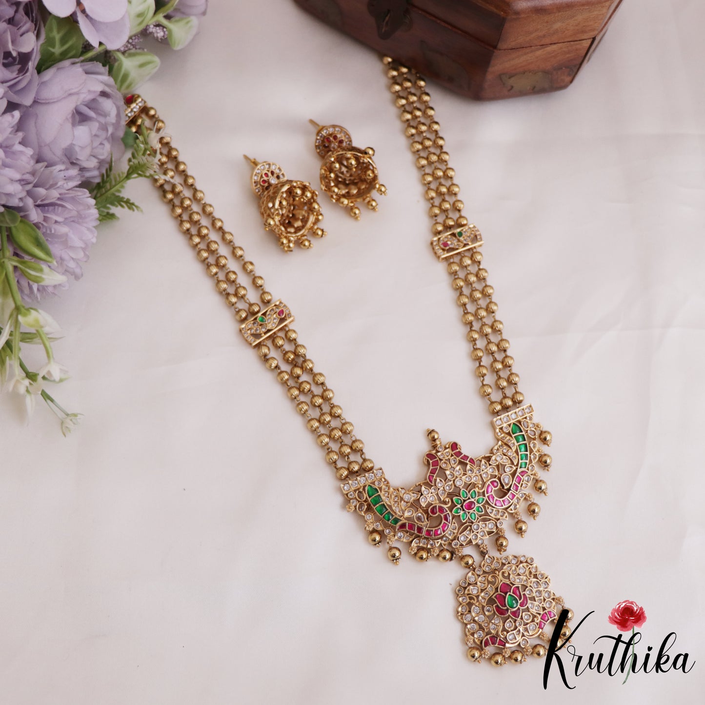 Beautiful Three Layer Golden Beaded Haaram with Peacock Floral Motifs Pendant LH2049