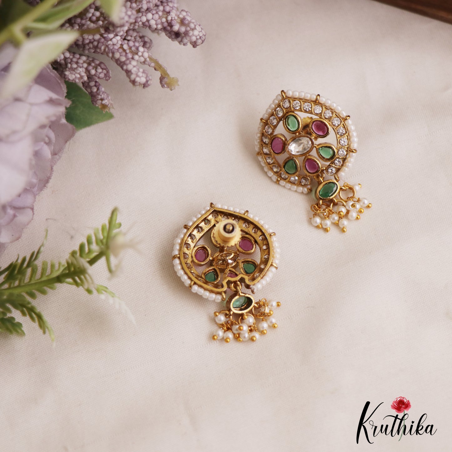 Elegant Pearl Border Floral Stud Earrings With Pearl Drops E1110 (Available In 5 Colors)
