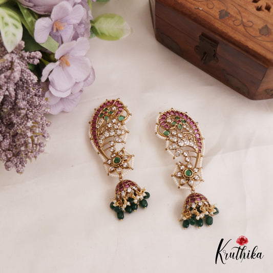 Sparkling Pearl Border Floral Motifs Kemp Jhumka Ear Cuff With Green Bead Drops E972 (Available in 2 Colors)