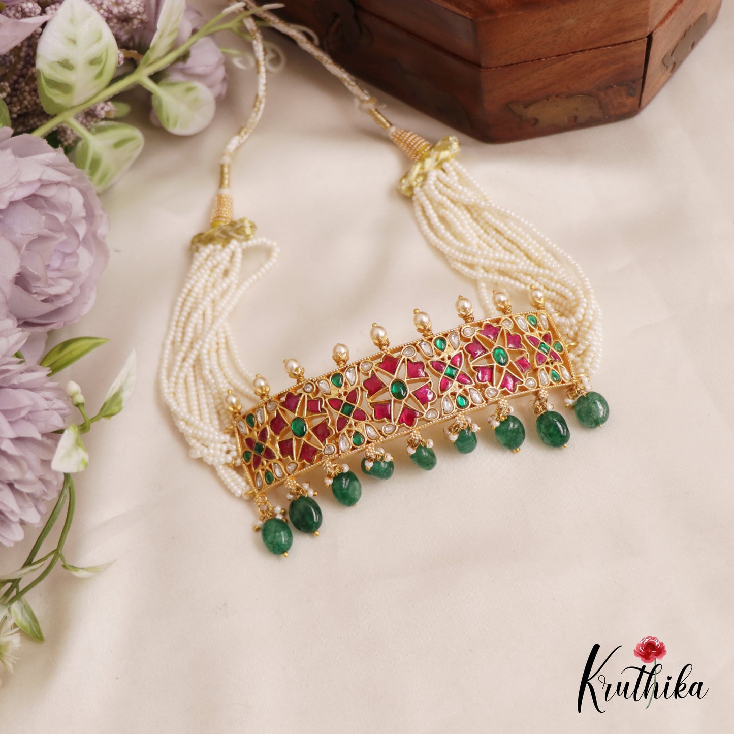 Beautiful Floral Motifs Jadau Choker With Multi Layered Pearl Chain NC2568