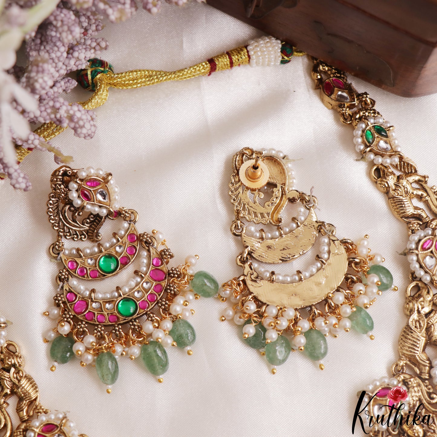 Premium Antique Nagas Lakshmi Elephant Motifs Jadau Necklace With Green Bead Drops NC3137