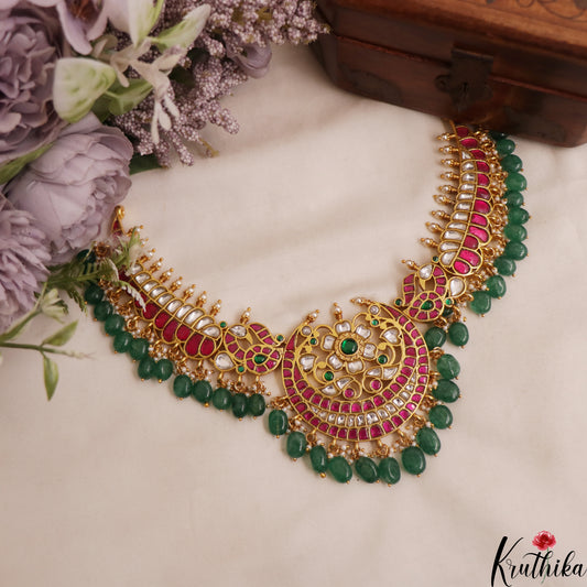 Premium Floral Peacock Motifs Jadau Choker With Green Bead Drops NC2998