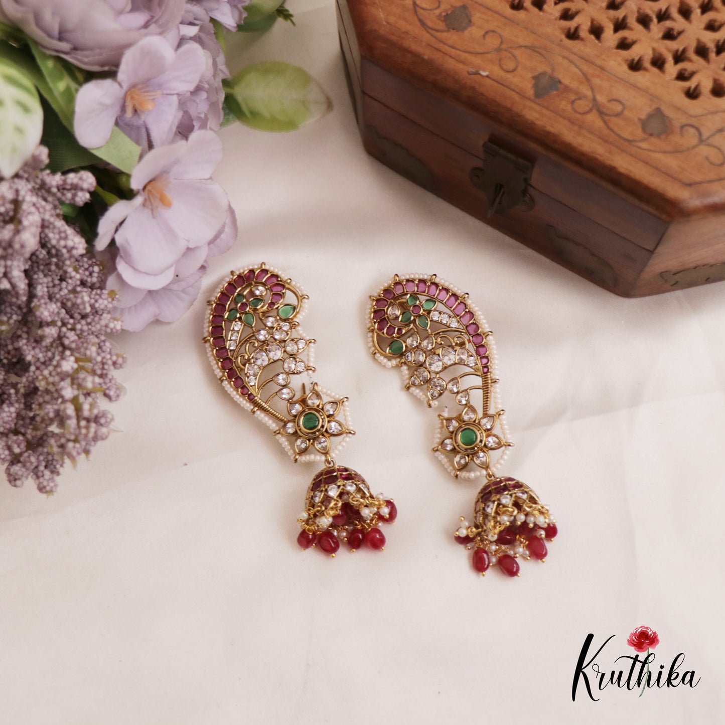 Sparkling Pearl Border Floral Motifs Kemp Jhumka Ear Cuff With Green Bead Drops E972 (Available in 2 Colors)
