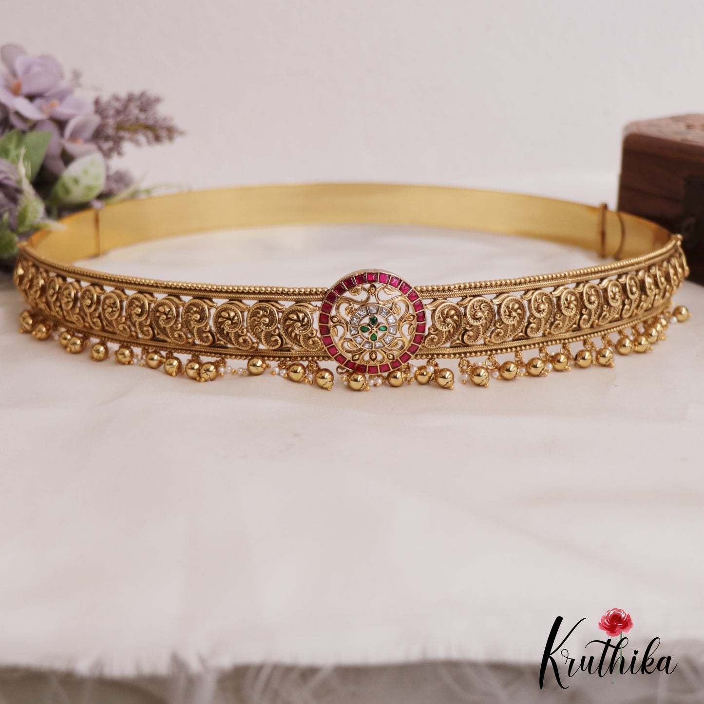 Beautiful Mango Floral Kemp Motifs Hip Belt With Golden Bead Drops V339 (Available In 2 Colors)