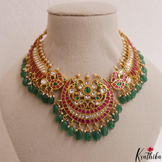 Premium Floral Peacock Motifs Jadau Choker With Green Bead Drops NC2998