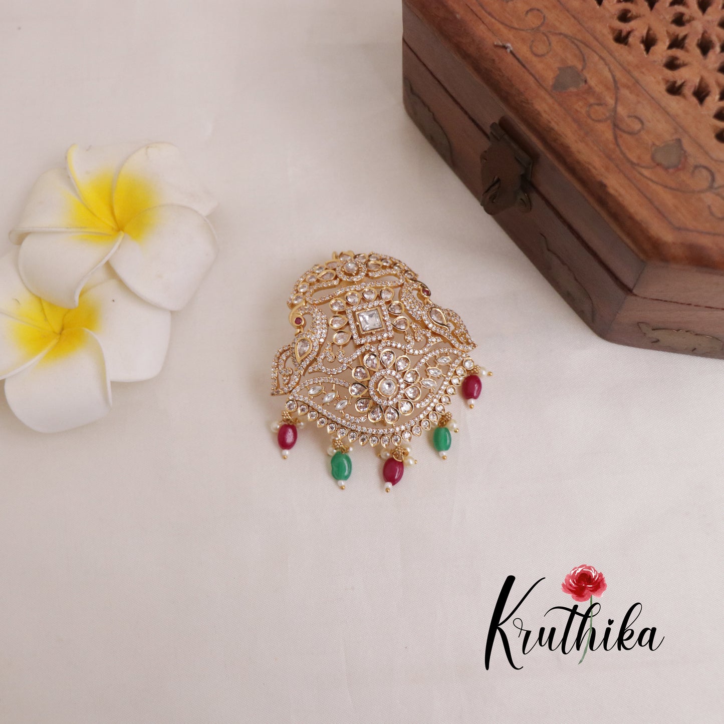 Beautiful Peacock Jada Billa With Pearl And Bead Drops J127