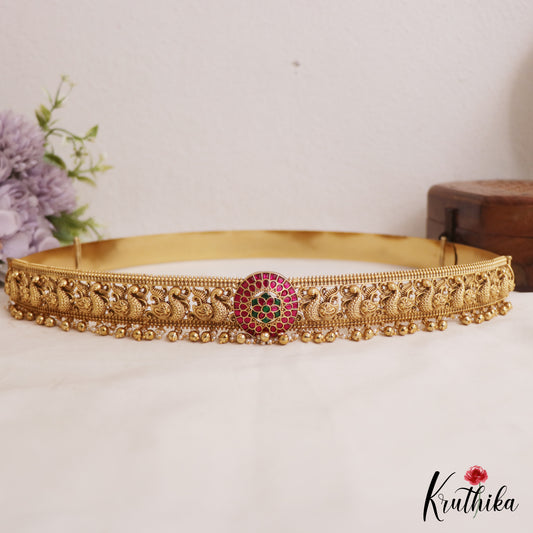 Premium Antique Floral Peacock Motifs Jadau Hip Belt With Bead Drops V356 (Available In 4 Colors)