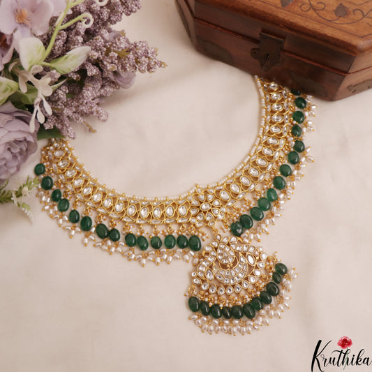 Premium Peacock Motifs Jadau Necklace With Green Bead Drops NC3028