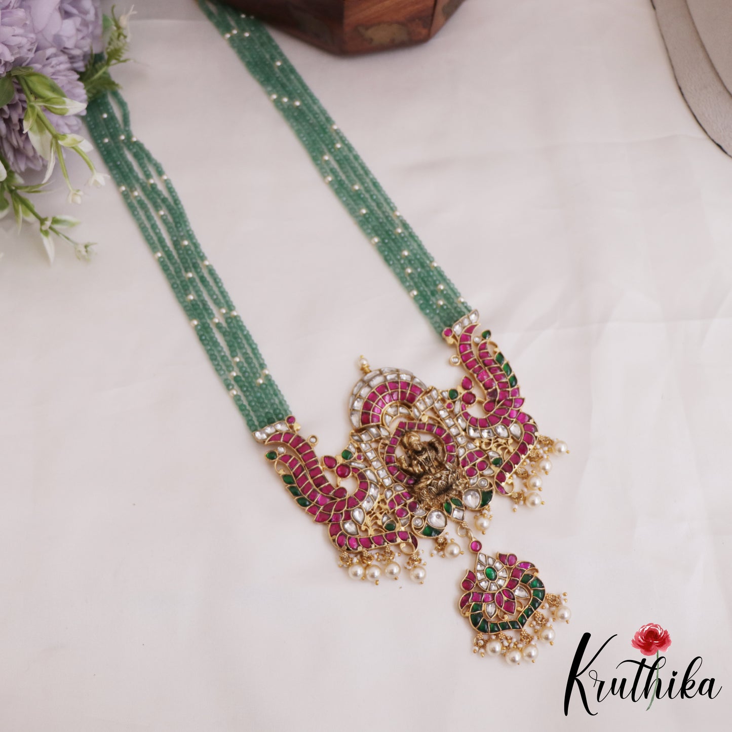 Premium Lakshmi Peacock Motifs Multi Strands Green Beaded Jadau Haaram LH2050