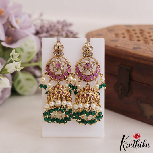 Gorgeous AD Floral Jhumka Earrings With Pearl And Beads Drops E877 (Available In 4 Colors)