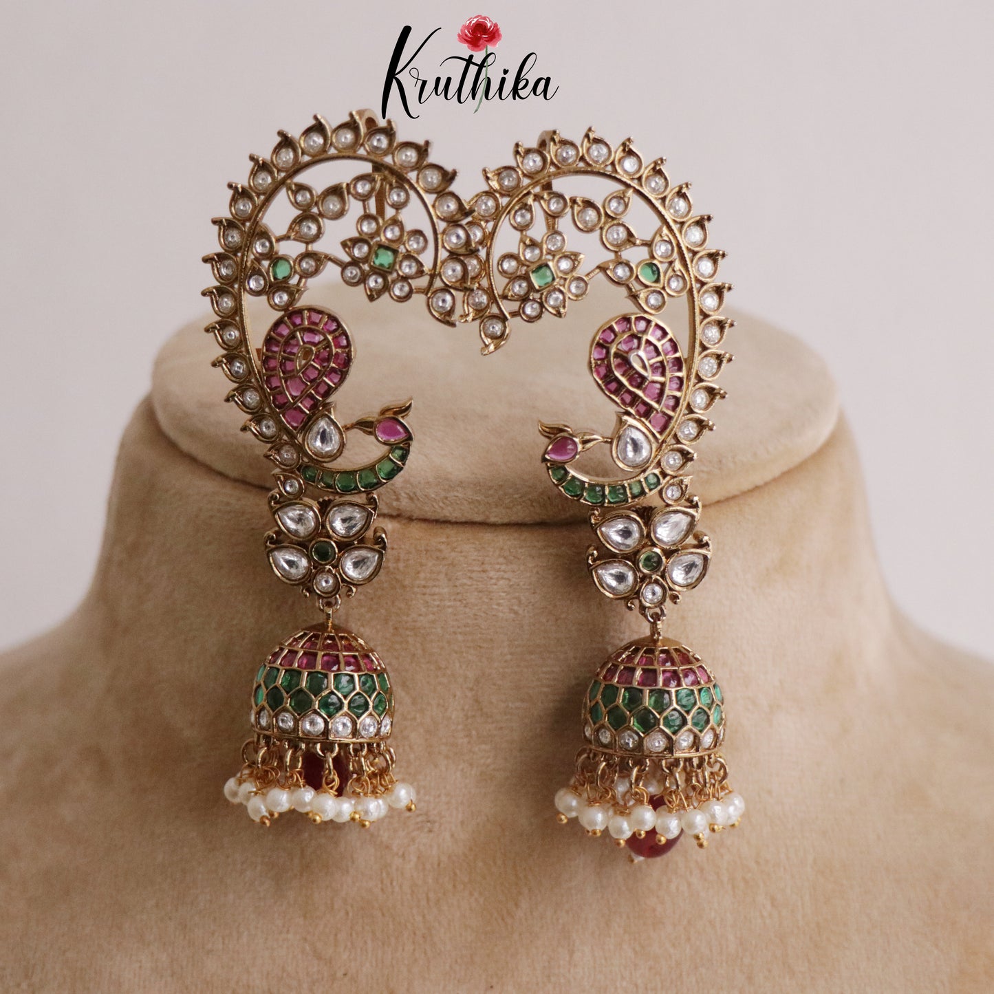 Beautiful Kemp Mayura Earcuff with Jhumkas E468 (Available in 2 Colours)