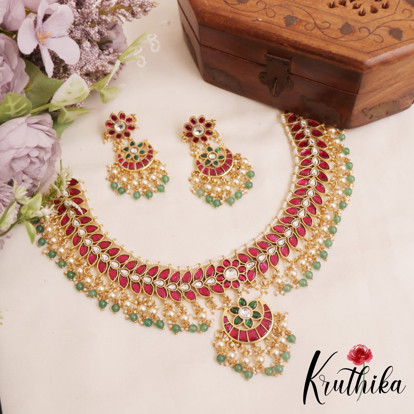 Premium Floral Leaf Motifs Jadau Choker With Green Bead Drops NC2895