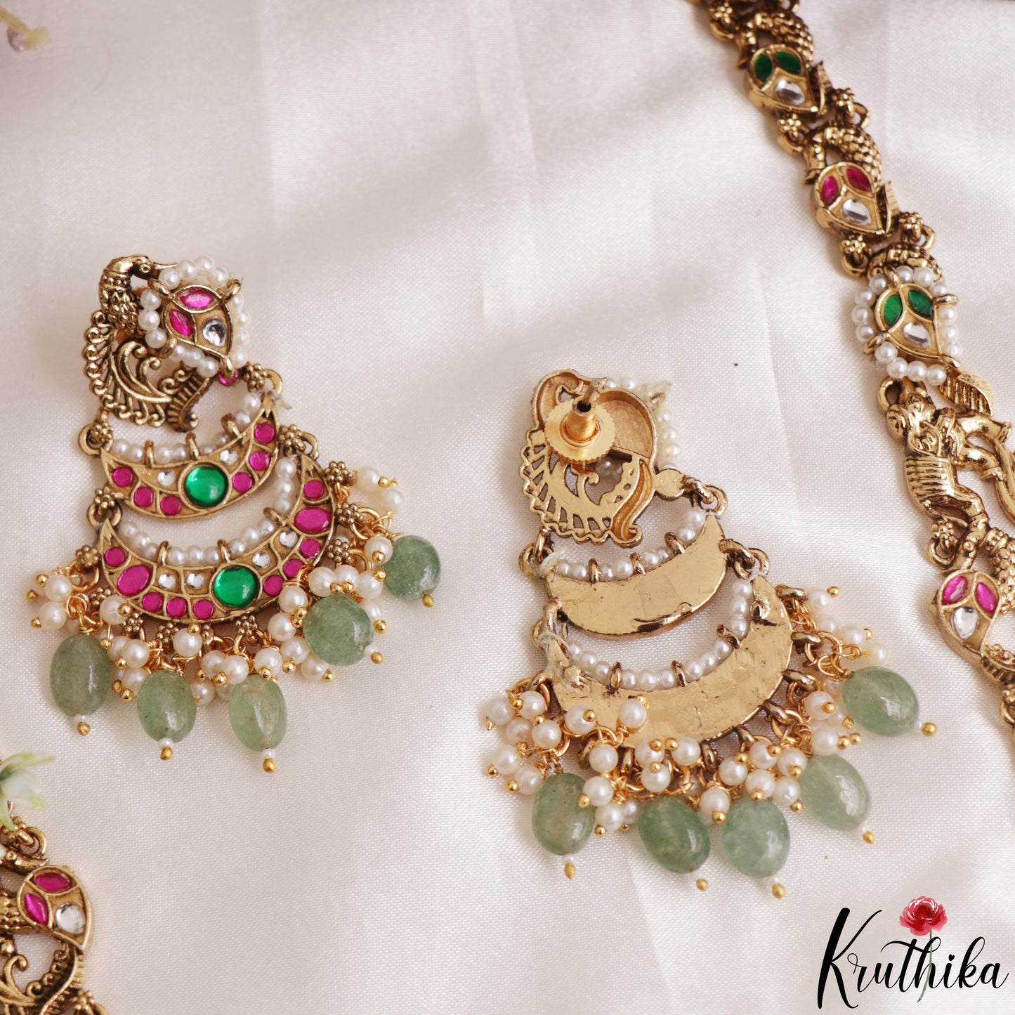 Premium Antique Nagas Lakshmi Elephant Motifs Jadau Haaram With Green Bead Drops LH2163