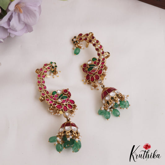 Premium Peacock Motifs Jadau Earcuff With Jhumkas E1007