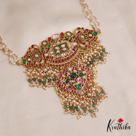 Premium Peacock Rice Pearls Guttapoosalu Jadau Choker with Triple Strand Pearl Chain NC2567