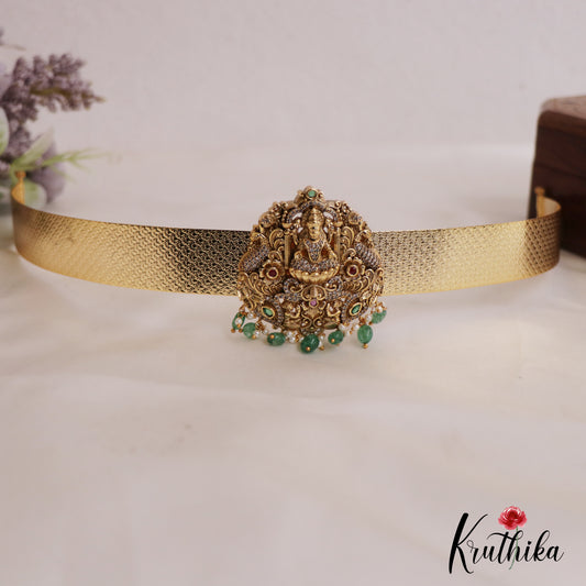 Beautiful Antique Lakshmi Motifs AD Hip Belt With Green Bead Drops V340