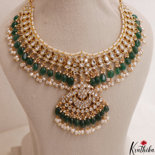 Premium Peacock Motifs Jadau Necklace With Green Bead Drops NC3028