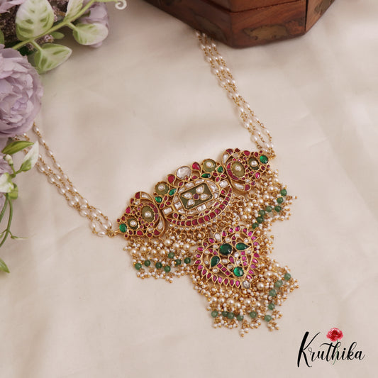 Premium Peacock Rice Pearls Guttapoosalu Jadau Choker with Triple Strand Pearl Chain NC2567