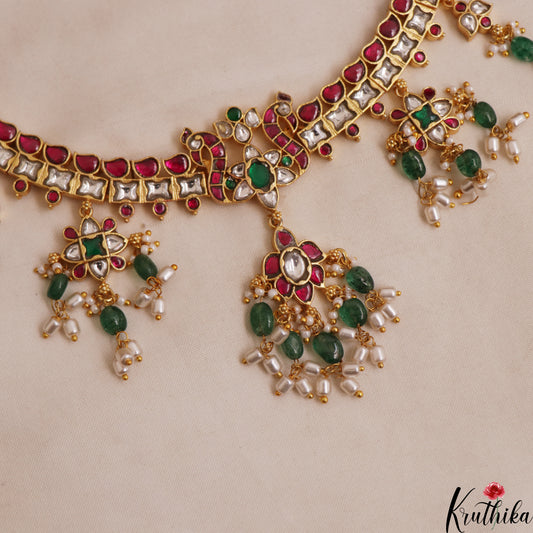 Classic Floral Peacock Motifs Jadau Choker With Pearl Bead Drops NC2999