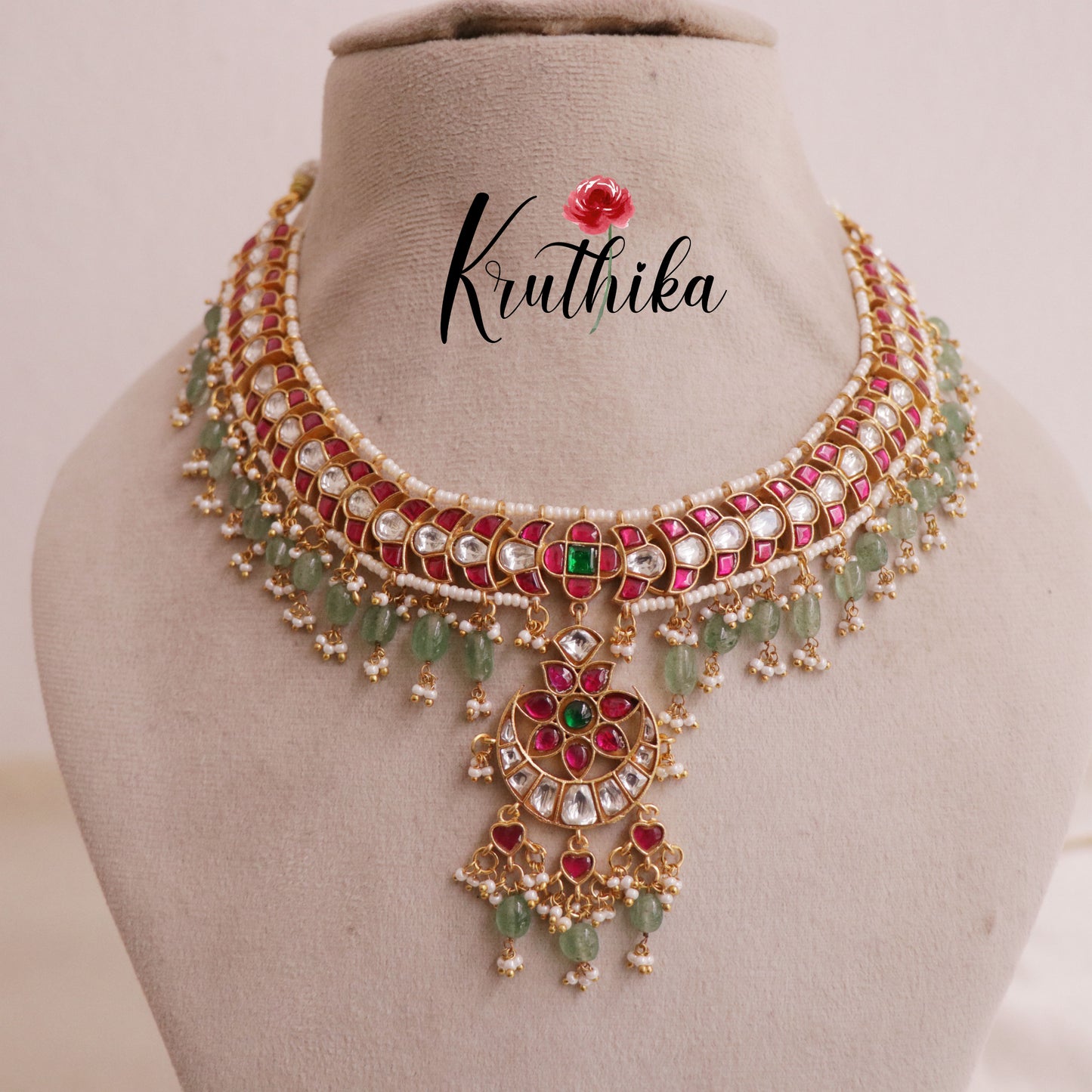 Elegant floral jadau necklace with pastel green beads NC1950