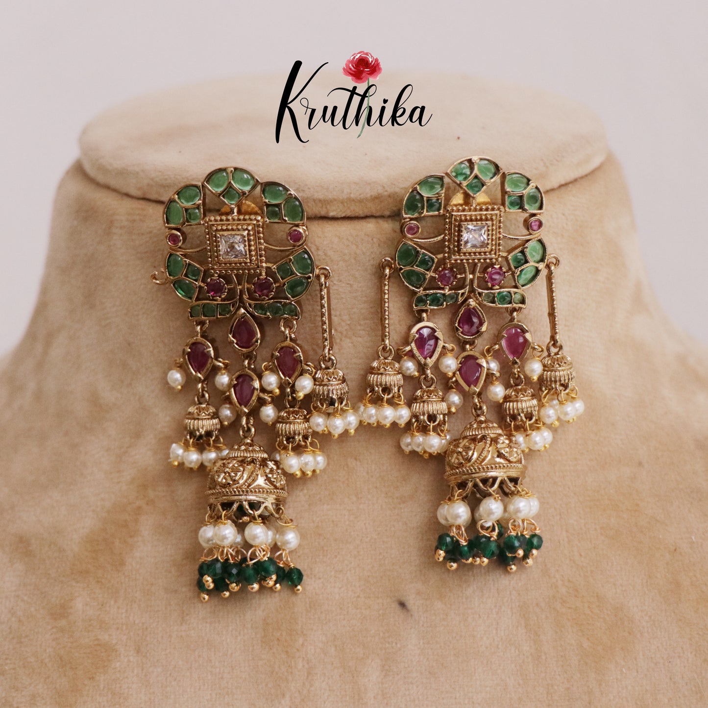 Trendy Emerald Ruby Jhumkas with Pearl Drops E624 (Available in 4 Colours)