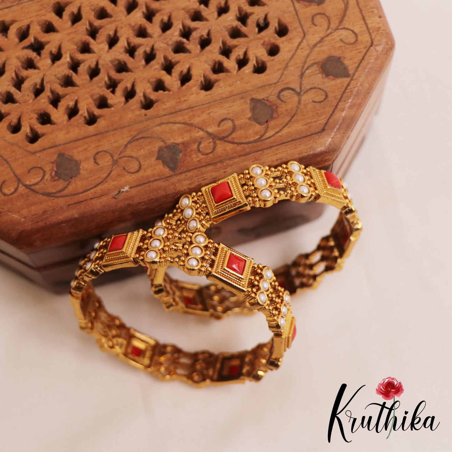 Beautiful Square Motifs Gold-Tone Coral Bangles B505 (Set of 2 Bangles)