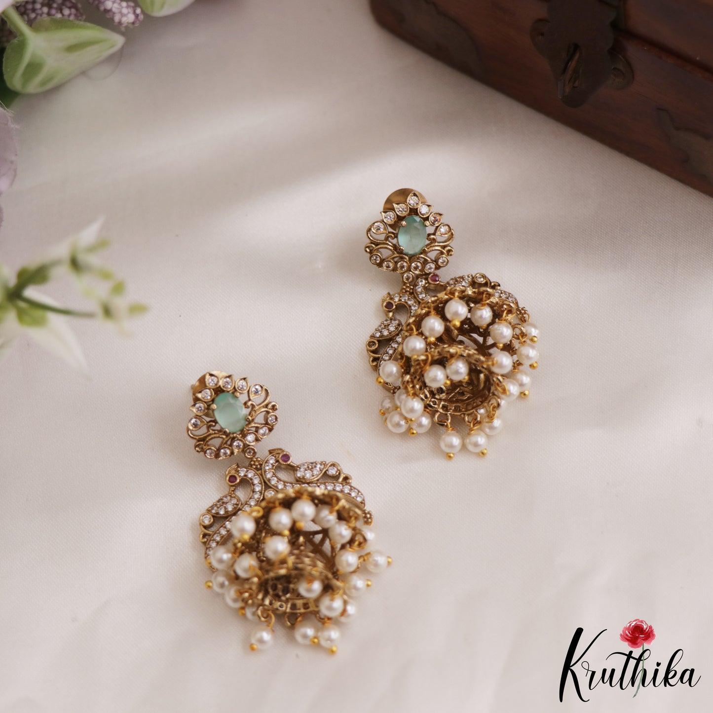 Stunning AD Peacock Jhumkas With Pearl Drops E876 (Available In 2 Colors)