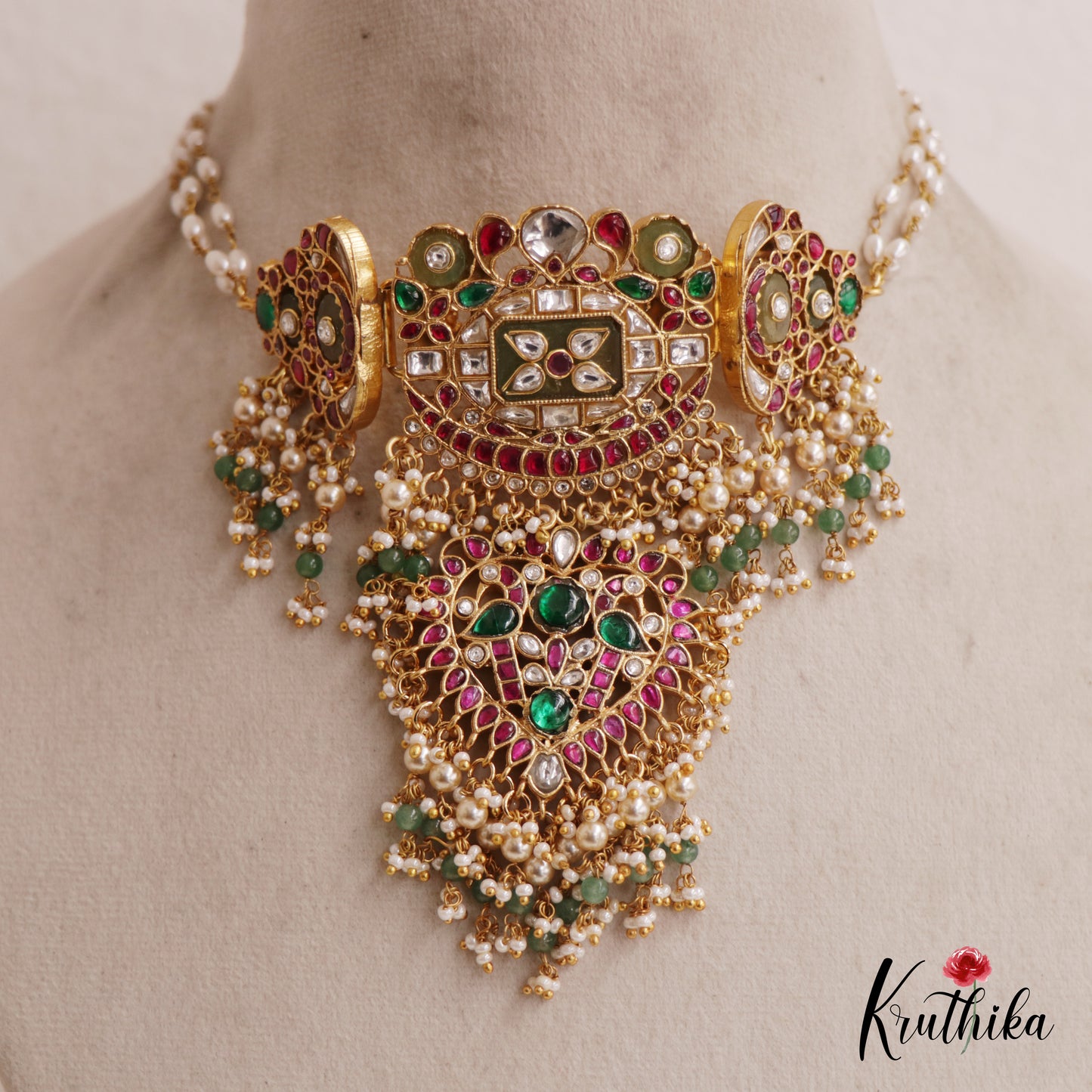Premium Peacock Rice Pearls Guttapoosalu Jadau Choker with Triple Strand Pearl Chain NC2567