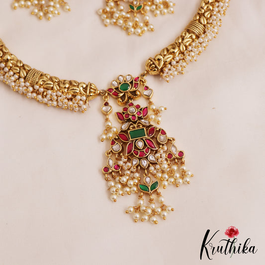 Premium Antique Leaf Motifs Pearl Hangings Jadau Necklace NC2799