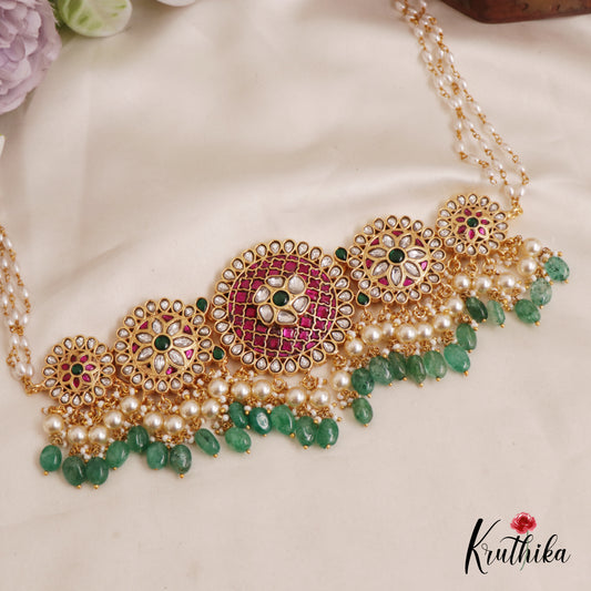 Gorgeous Floral Jadau Choker with Triple Strand Pearl Chain NC2566
