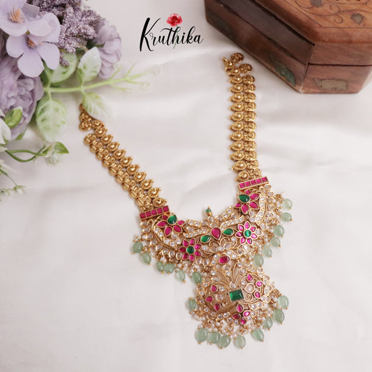 Grand Bridal Kasu Jadau Pendant Necklace with Pastel Green Beads Drops NC2246