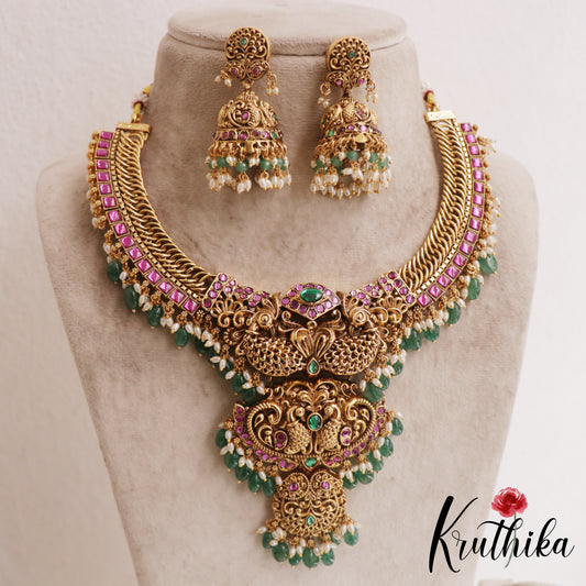 Royal Jadau peacock Jalebi style Necklace with beads NC1823 (detachable pendants)| (Available In 2 Colors)