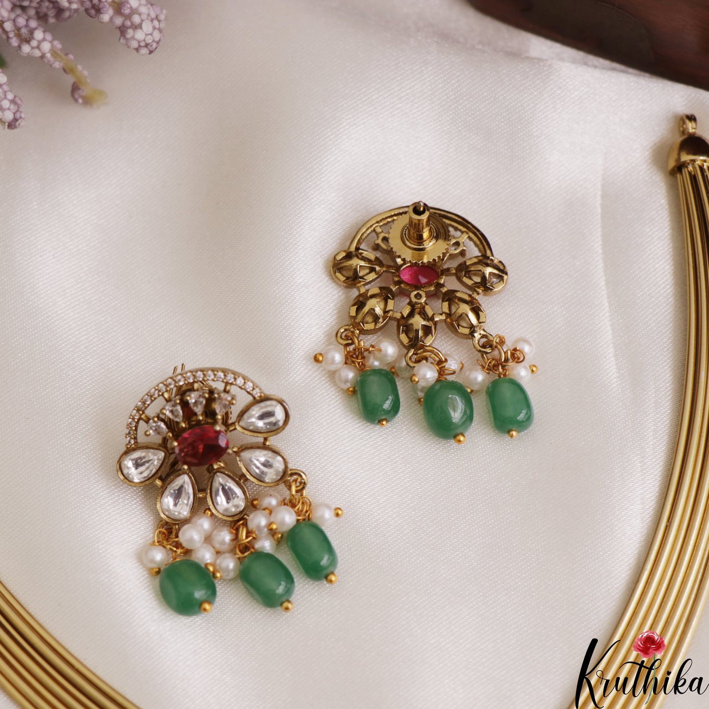 Sparkling Floral Teardrop Motifs Hasli CZ Necklace With Green Bead Drops NC3076