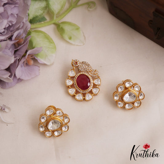 Pretty Floral Peacock Motifs Polki Victorian Pendant Set PS287 (Available In 2 Colors)