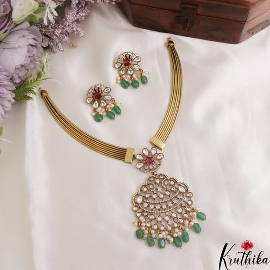 Sparkling Floral Teardrop Motifs Hasli CZ Necklace With Green Bead Drops NC3076