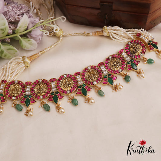 Traditional Lakshmi Motifs Jadau Choker With Multi Layered Pearl Chain NC2569