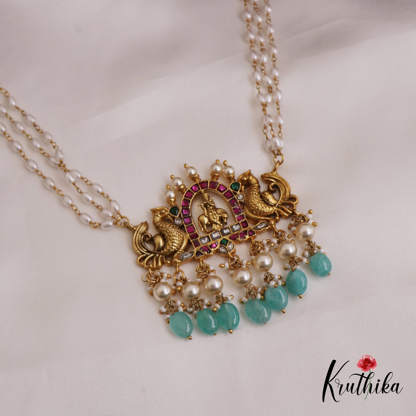 Elegant Lord Krishna Motifs Jadau Choker With Triple Strand Pearl Chains NC2682