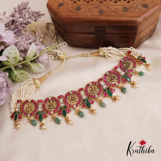 Traditional Lakshmi Motifs Jadau Choker With Multi Layered Pearl Chain NC2569