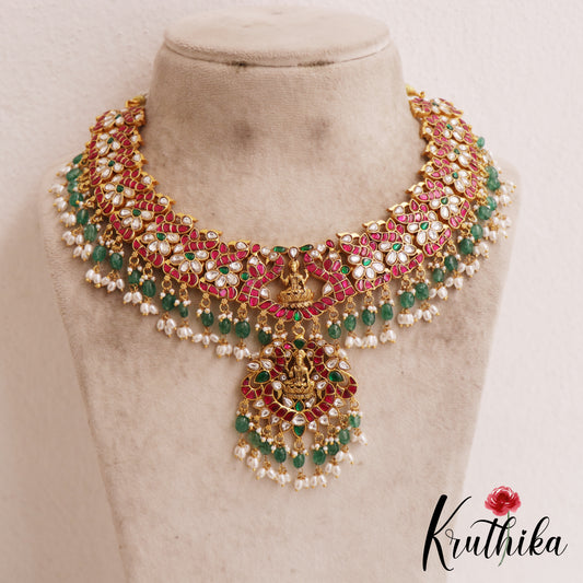 Premium Antique Lakshmi Motifs Jadau Necklace With Green Bead Drops NC2853