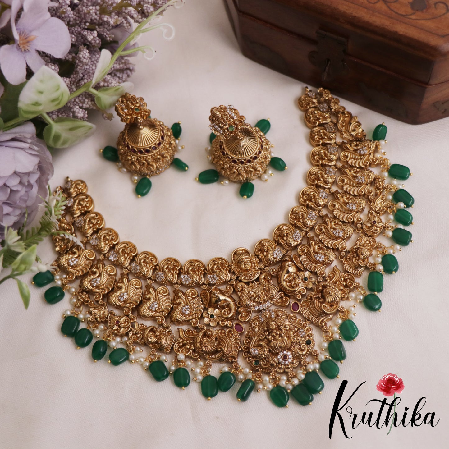 Stunning Antique Nagas Lakshmi Peacock Motifs Temple Choker With Green Bead Drops NC2889