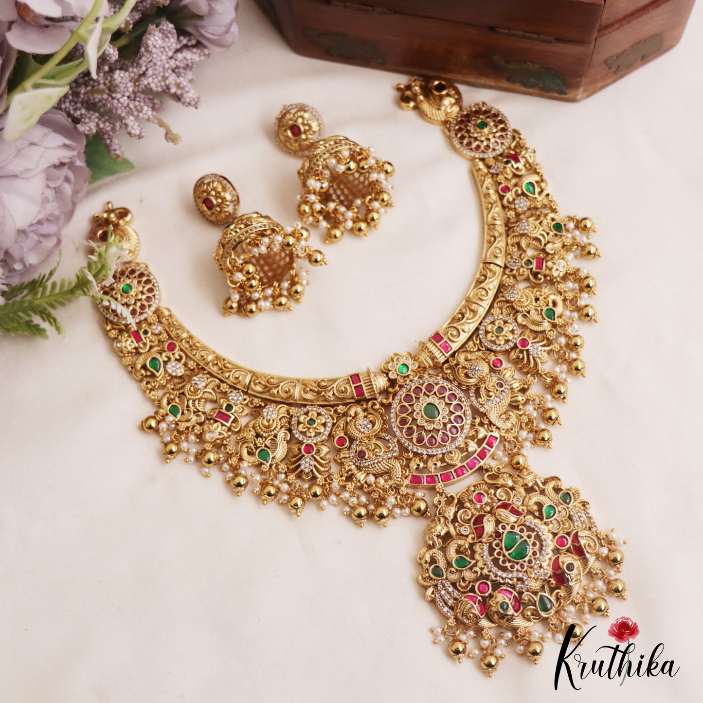 Premium Antique Floral Peacock Motifs Jadau Necklace With Pearl Bead Drops NC2986