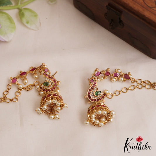 Gorgeous Peacock Motifs Jhumkas With Kemp Teardrop Maatilu (Earchains) E1058