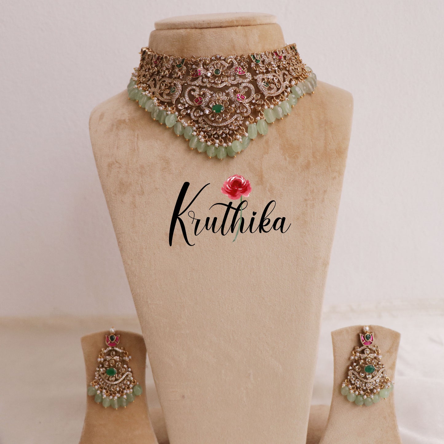 Elegant Victorian jadau choker with pastel green beads NC1954