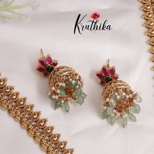 Grand Bridal Kasu Jadau Pendant Haaram with Pastel Green Beads Drops LH1947