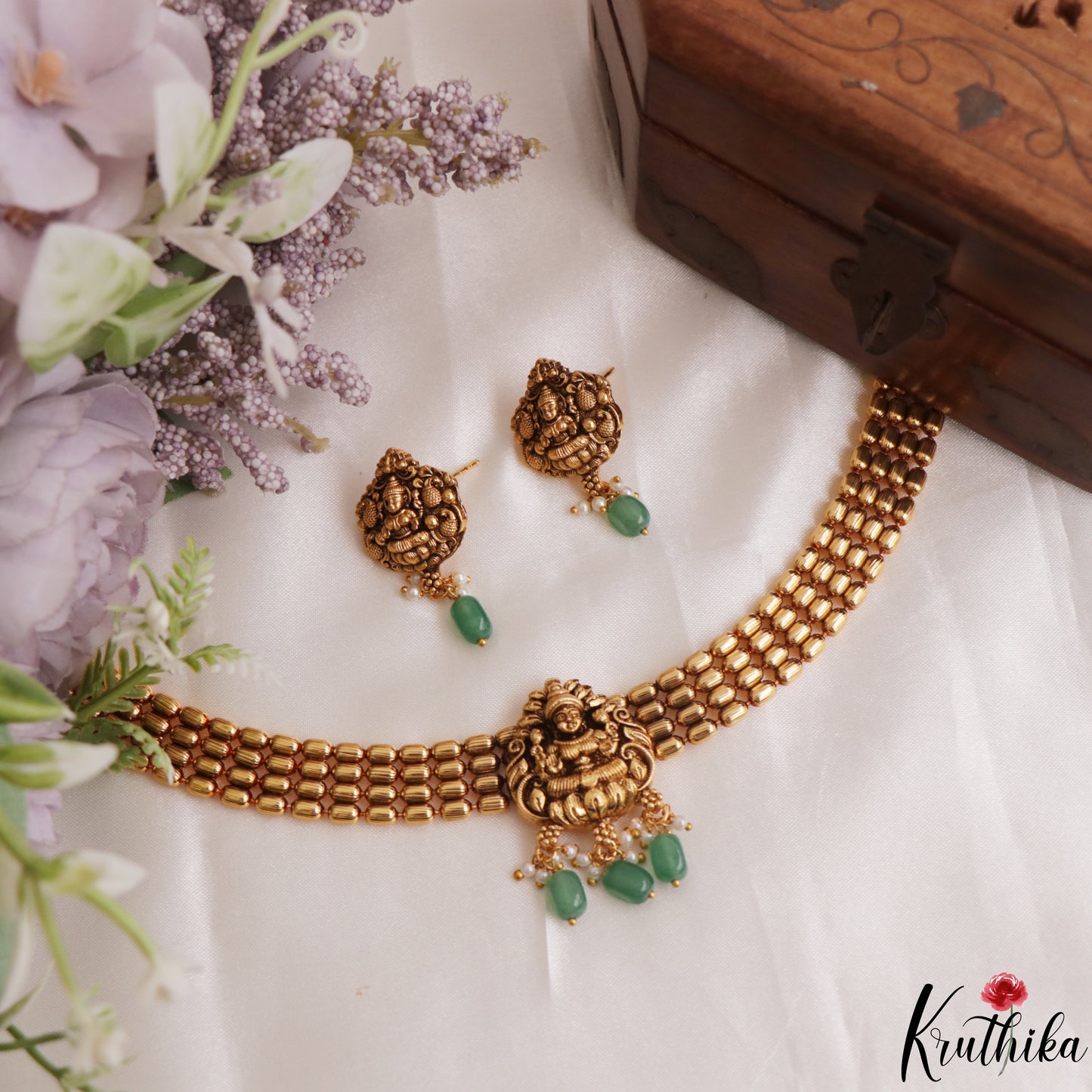 Premium Antique Nagas Lakshmi Motifs Choker With Green Bead Drops NC3111