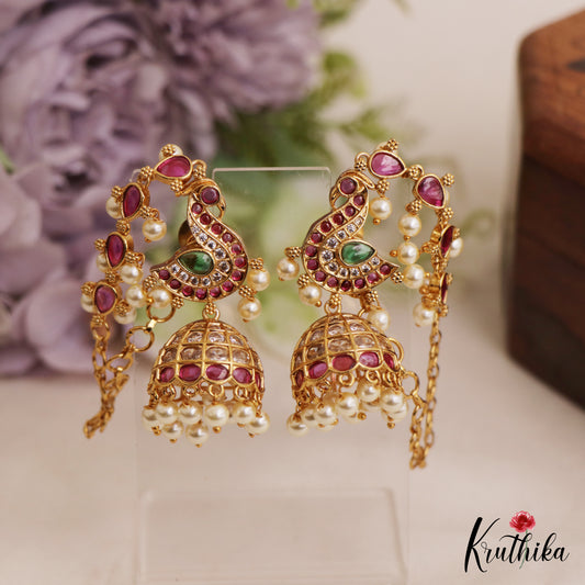 Gorgeous Peacock Motifs Jhumkas With Kemp Teardrop Maatilu (Earchains) E1058