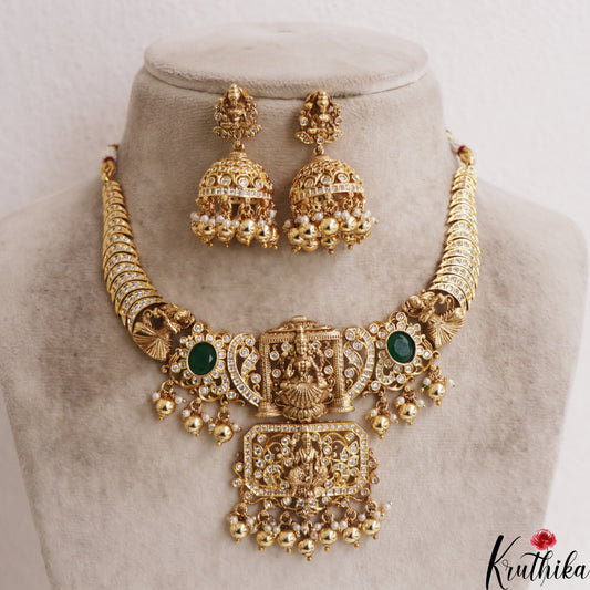 Stunning Antique Lakshmi Floral Motifs Necklace With Bead Drops NC2940 (Available In 2 Colors)