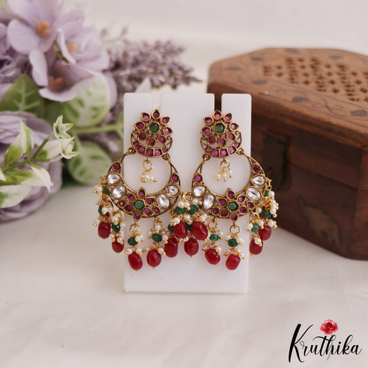 Beautiful Floral Chandbali Earrings With Pearl And Bead Drops E883 (Available In 2 Colors)