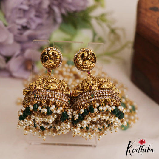 Gorgeous Antique Nagas Lakshmi Peacock Motifs Jhumka With Green Bead Drops E1055